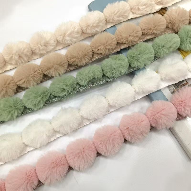 Lace Ribbon Trim - 3cm Faux Rabbit Fur Pom Pom